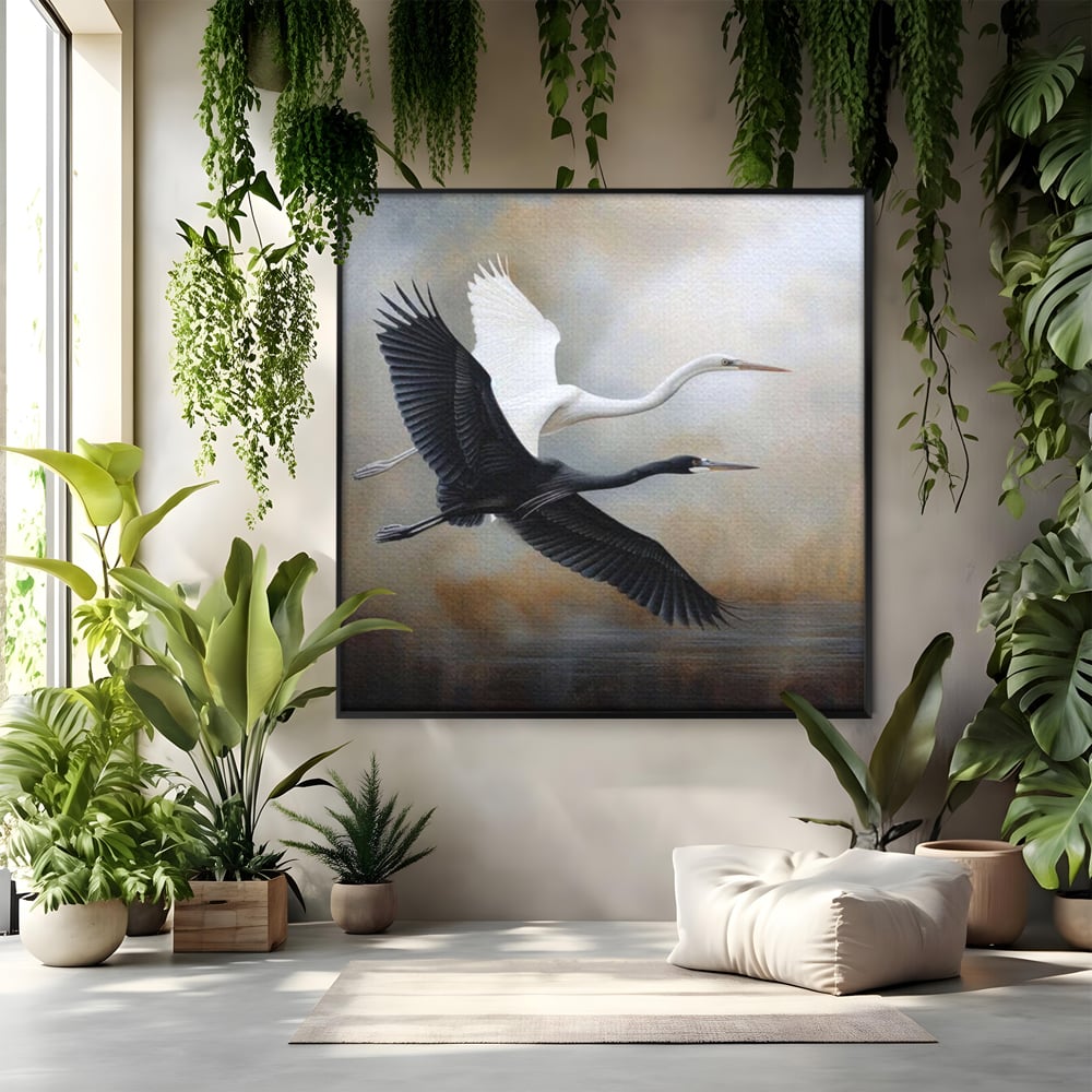 Tablou canvas cu tablou canvas cu doua pasari in zbor, in rama de aluminiu negru